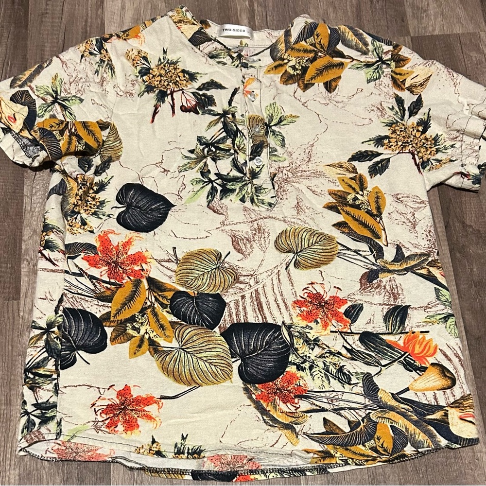 Men's Floral Casual Shirt - Cream, Black, Orange